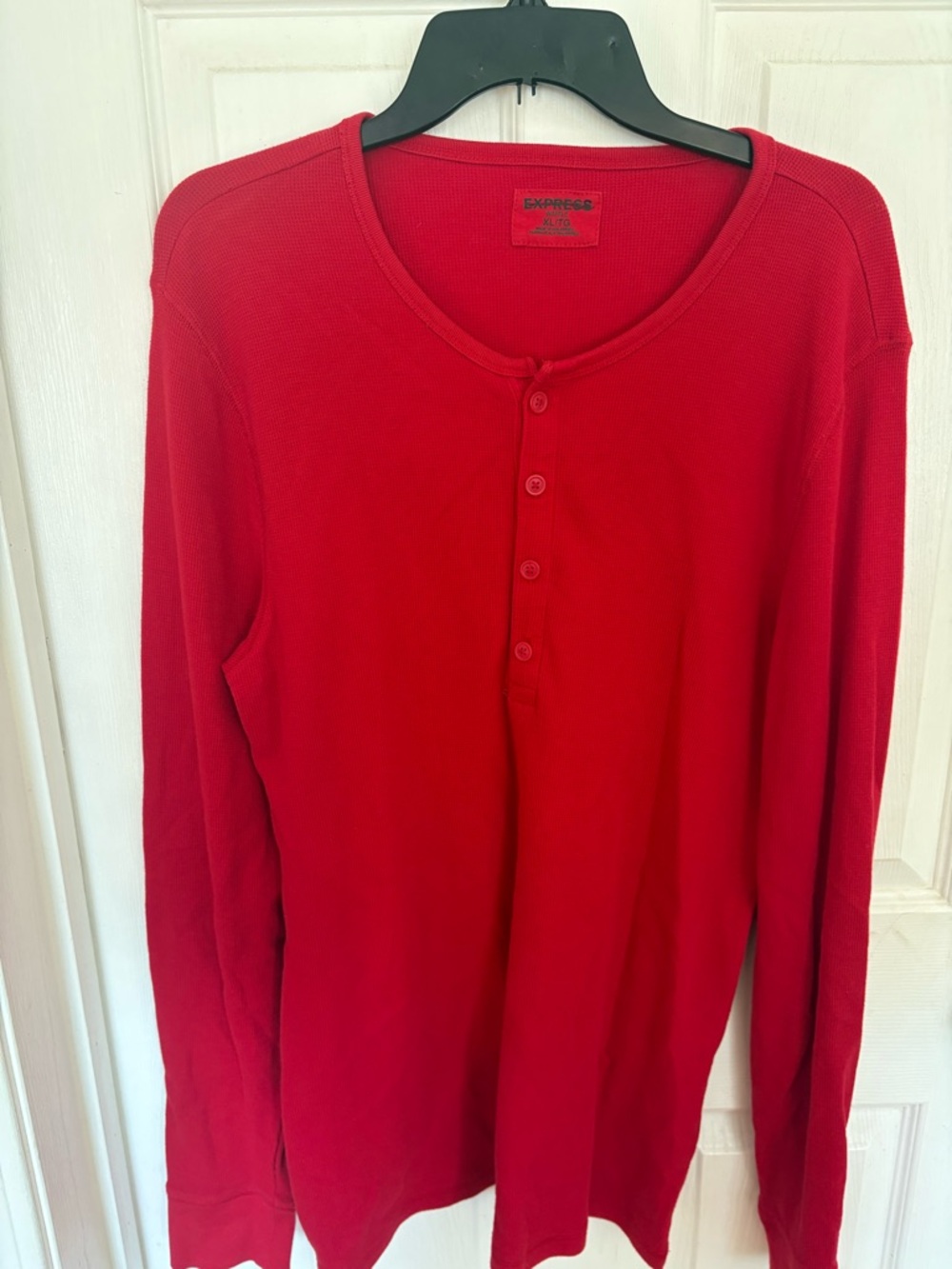 Express Men’s Red Long-Sleeve Henley Shirt - Button Placket